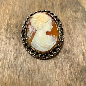 Vintage Cameo Necklace Pendant and Brooch in Victorian Style Setting